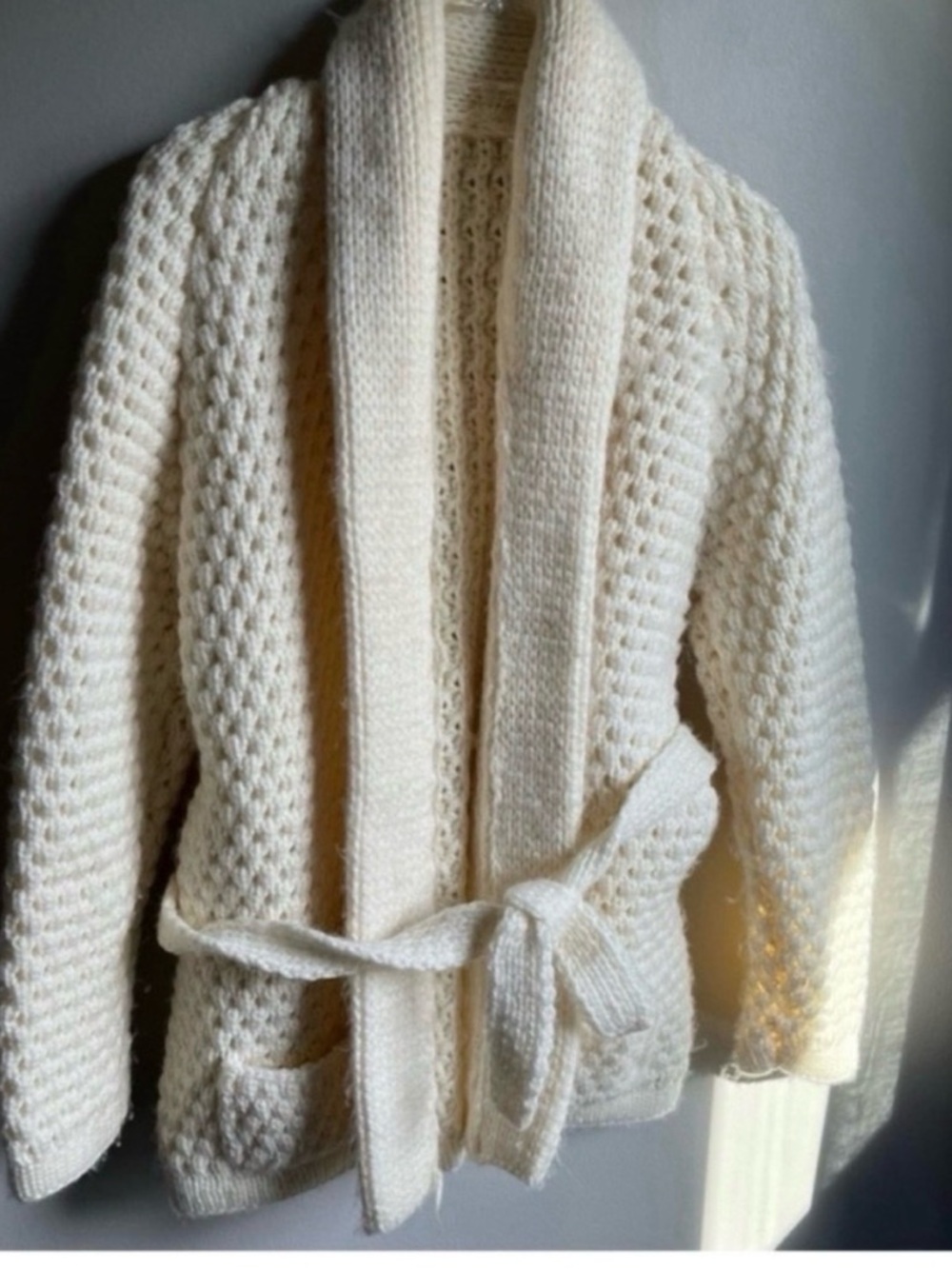 Handmade Knit Cardigan Cream and chunky with Belt